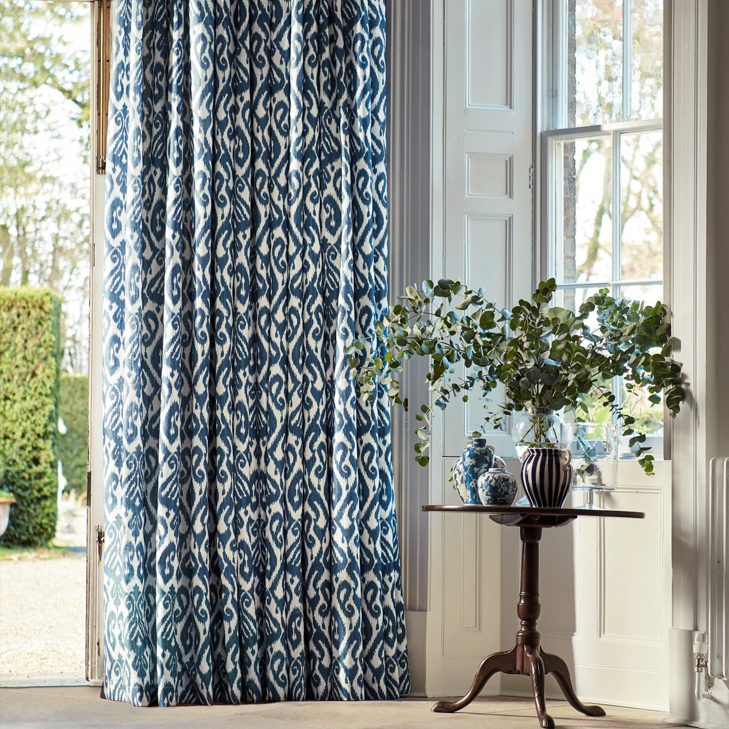 Sanderson Ikat Damask Ink Blue Curtains