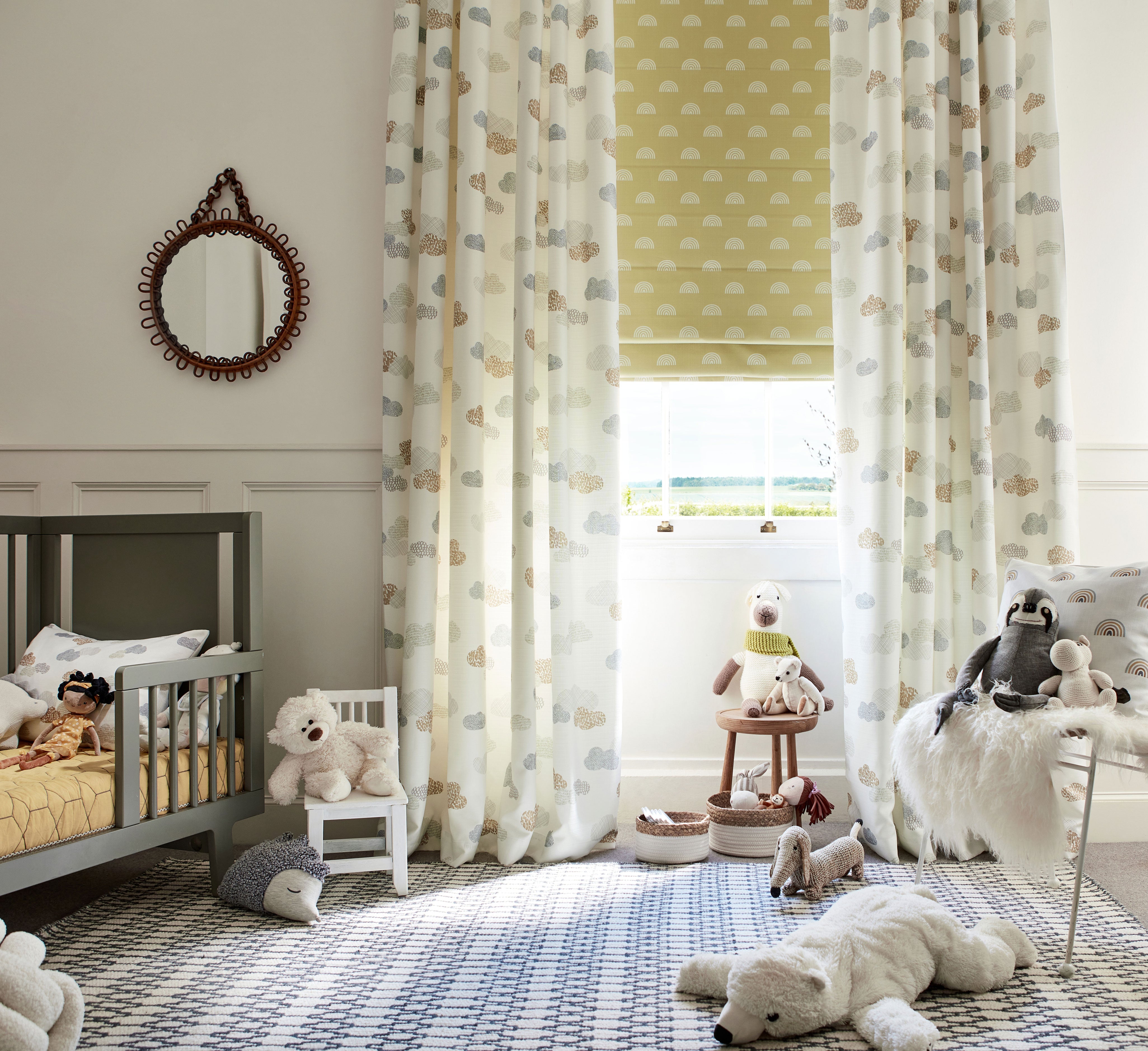 Little Arches Honey Roman Blind and Happy Clouds Dawn Curtains