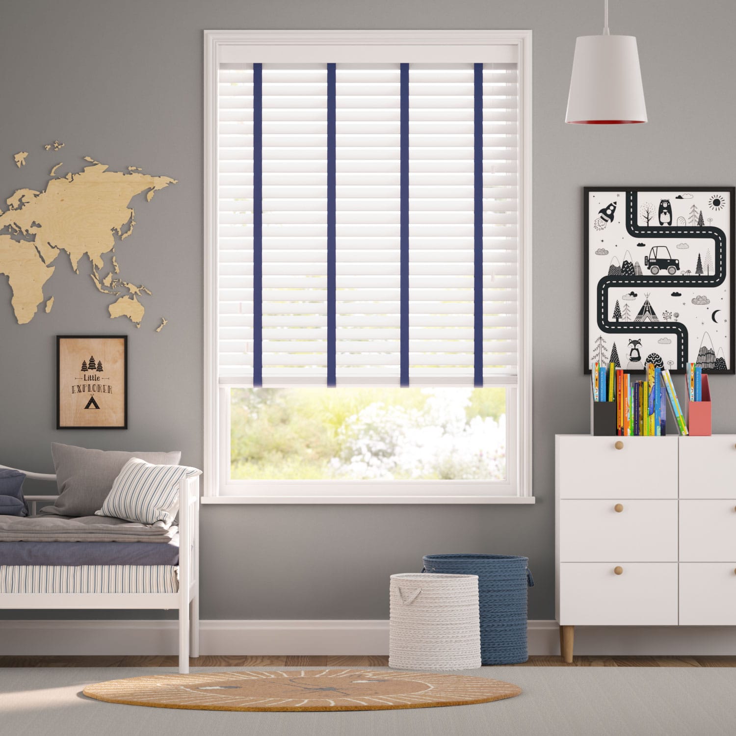 Colorized Brightest White and Denim Wooden Blind - 50mm Slat 3254