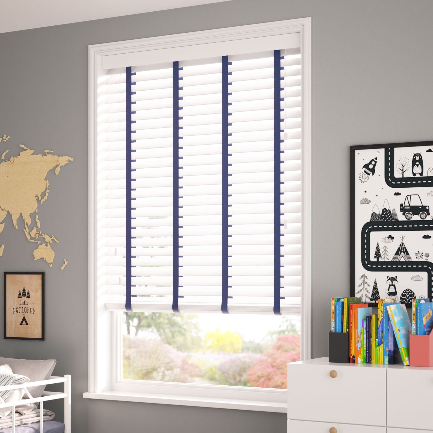 ColorizedZoom Brightest White and Denim Wooden Blind - 50mm Slat 3254