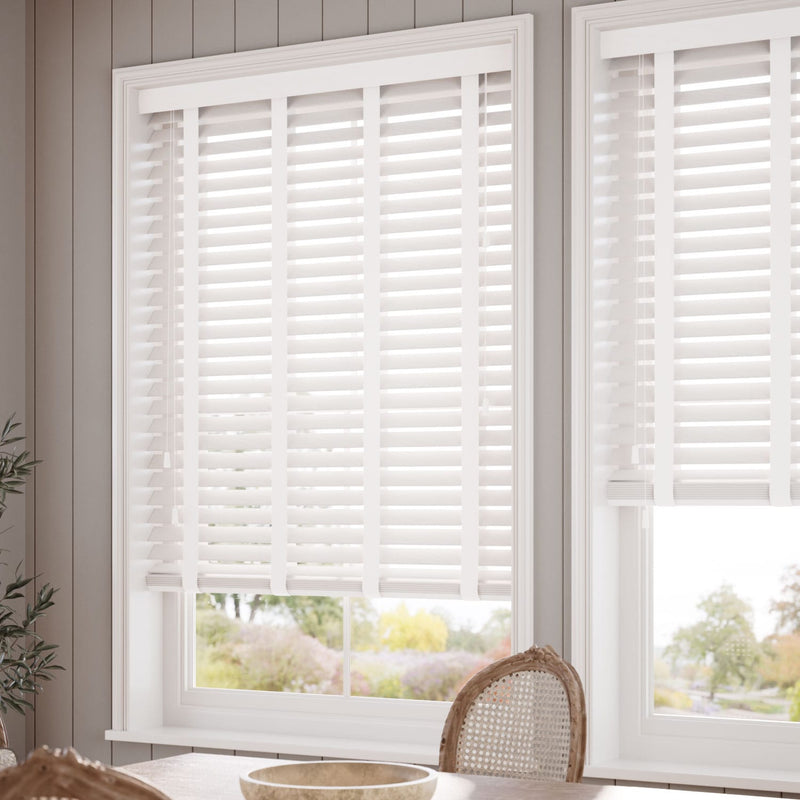 ColorizedZoom Ice White & White Faux Wood Blind - 50mm Slat