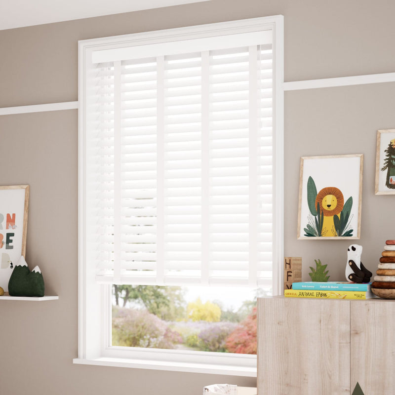 ColorizedZoom Frost White & Tundra Faux Wood Blind - 50mm Slat