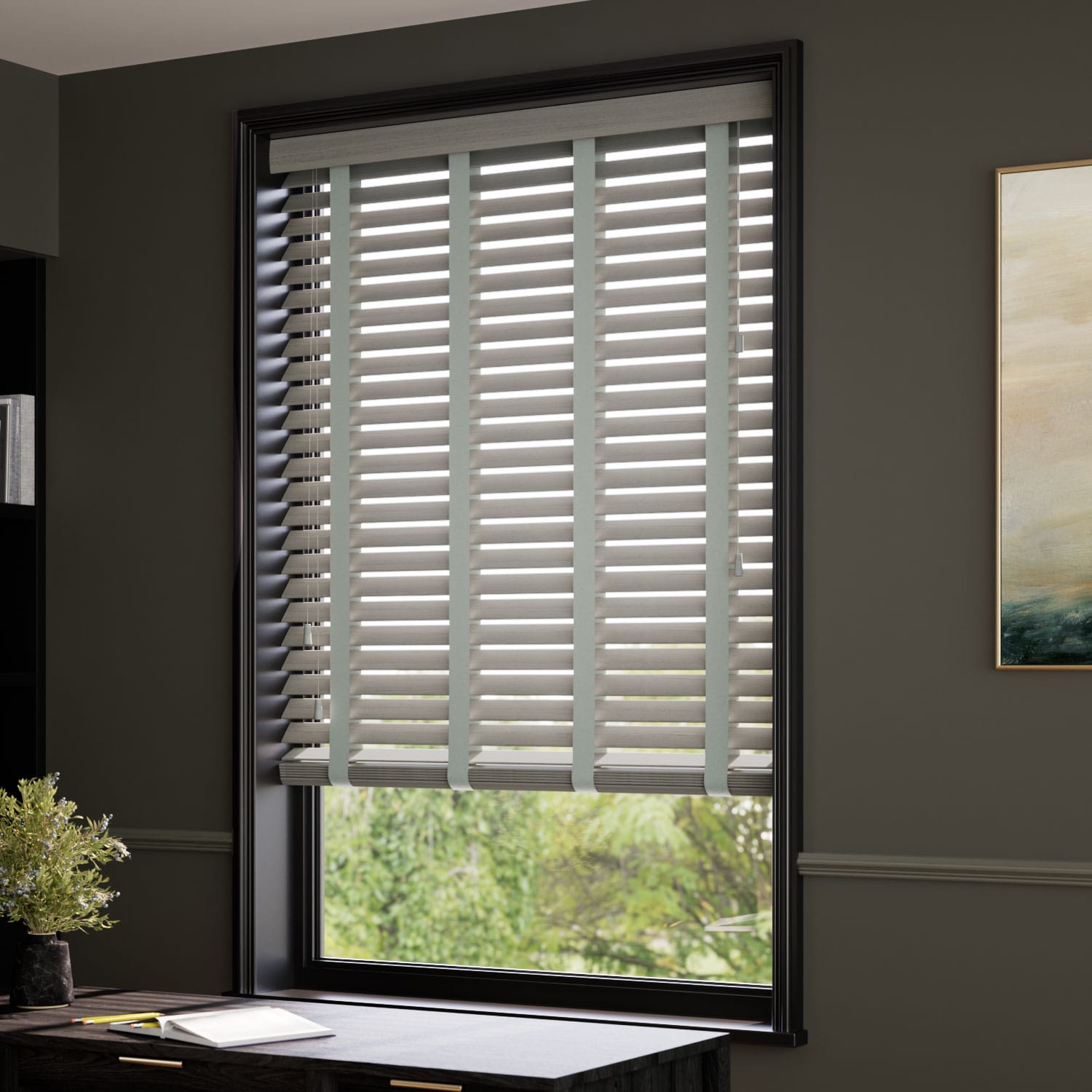ColorizedZoom Smokey Ash & Smoke Faux Wood Blind - 50mm Slat 3290