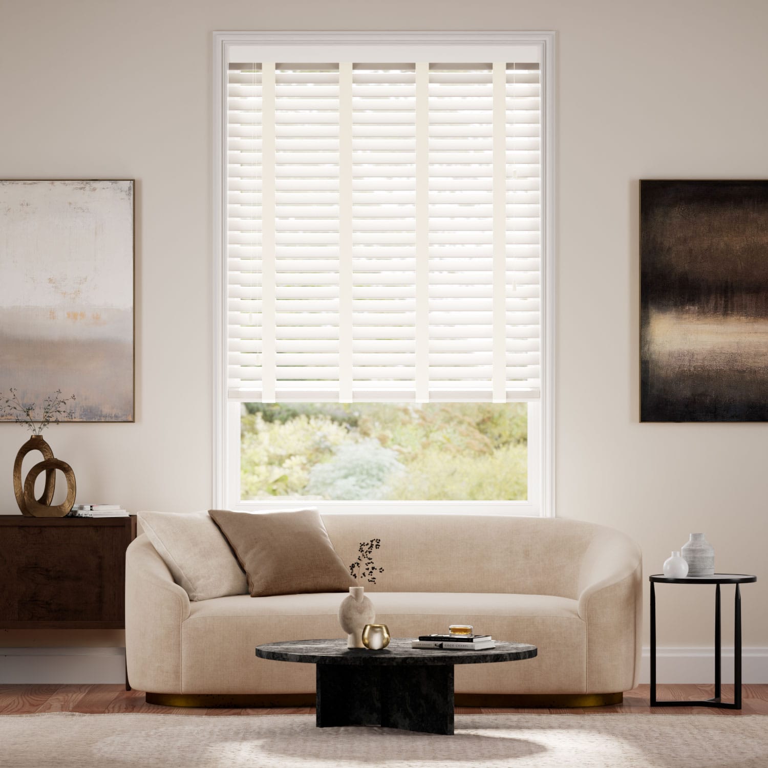 Colorized Eggshell & Ivory Faux Wood Blind - 50mm Slat 3279