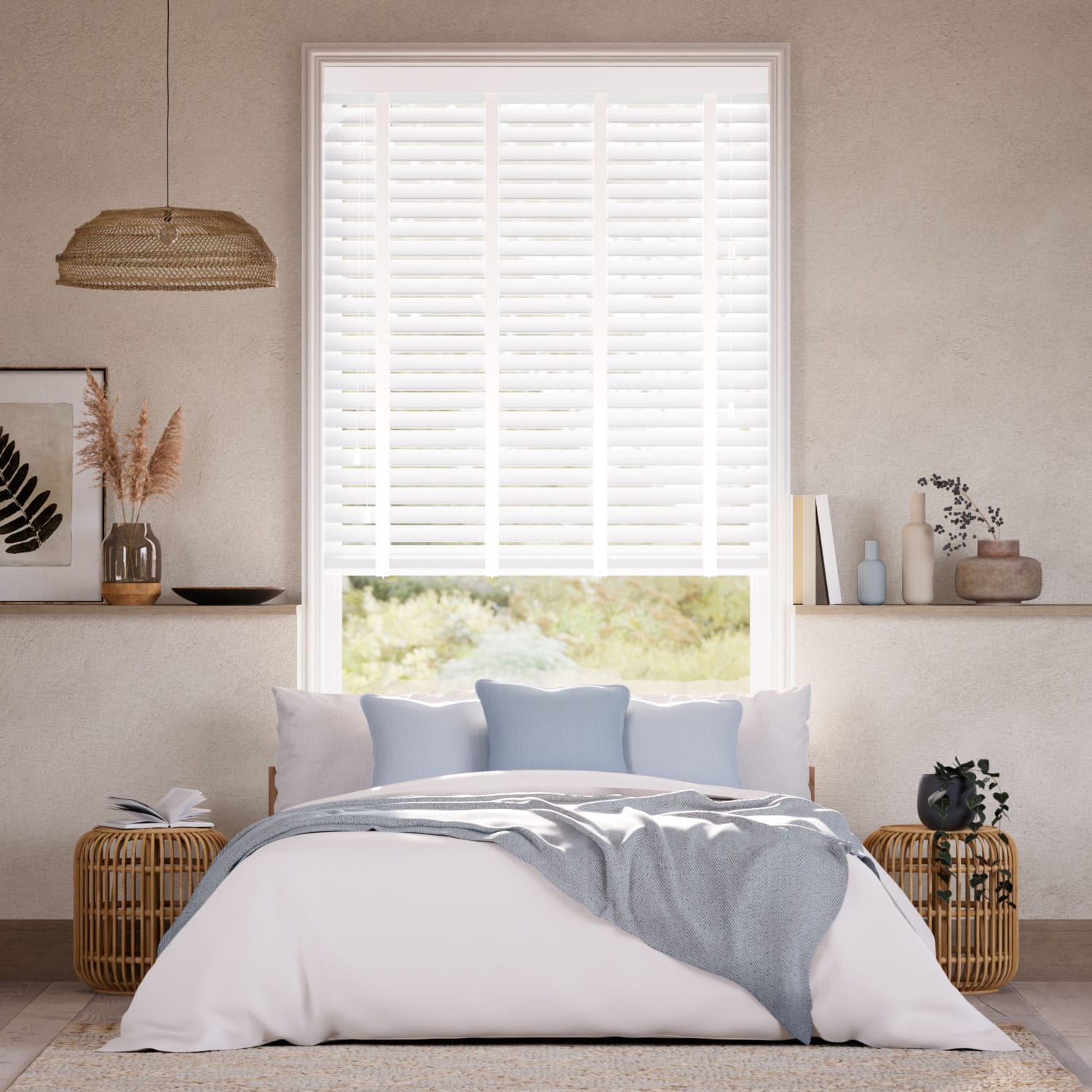 Colorized Fine White & Glacier Faux Wood Blind - 50mm Slat 9477