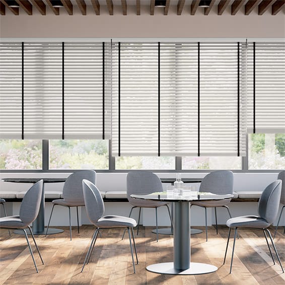 Colorized Contract Atlanta Winter White & Midnight Faux Wood Blind - 50mm Slat 3366