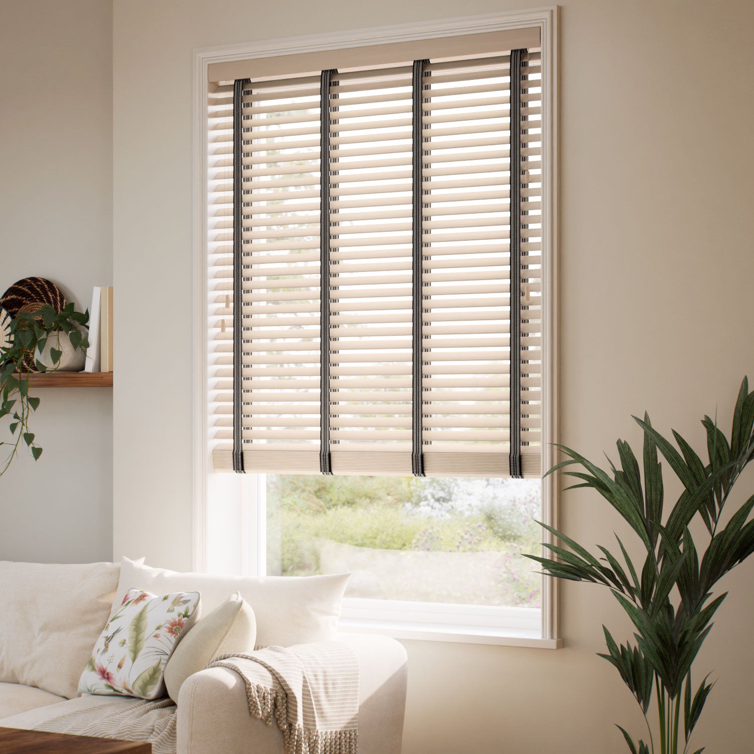 ColorizedZoom Natural Bamboo Driftwood & Tapestry Sand Wooden Blind - 50mm Slat