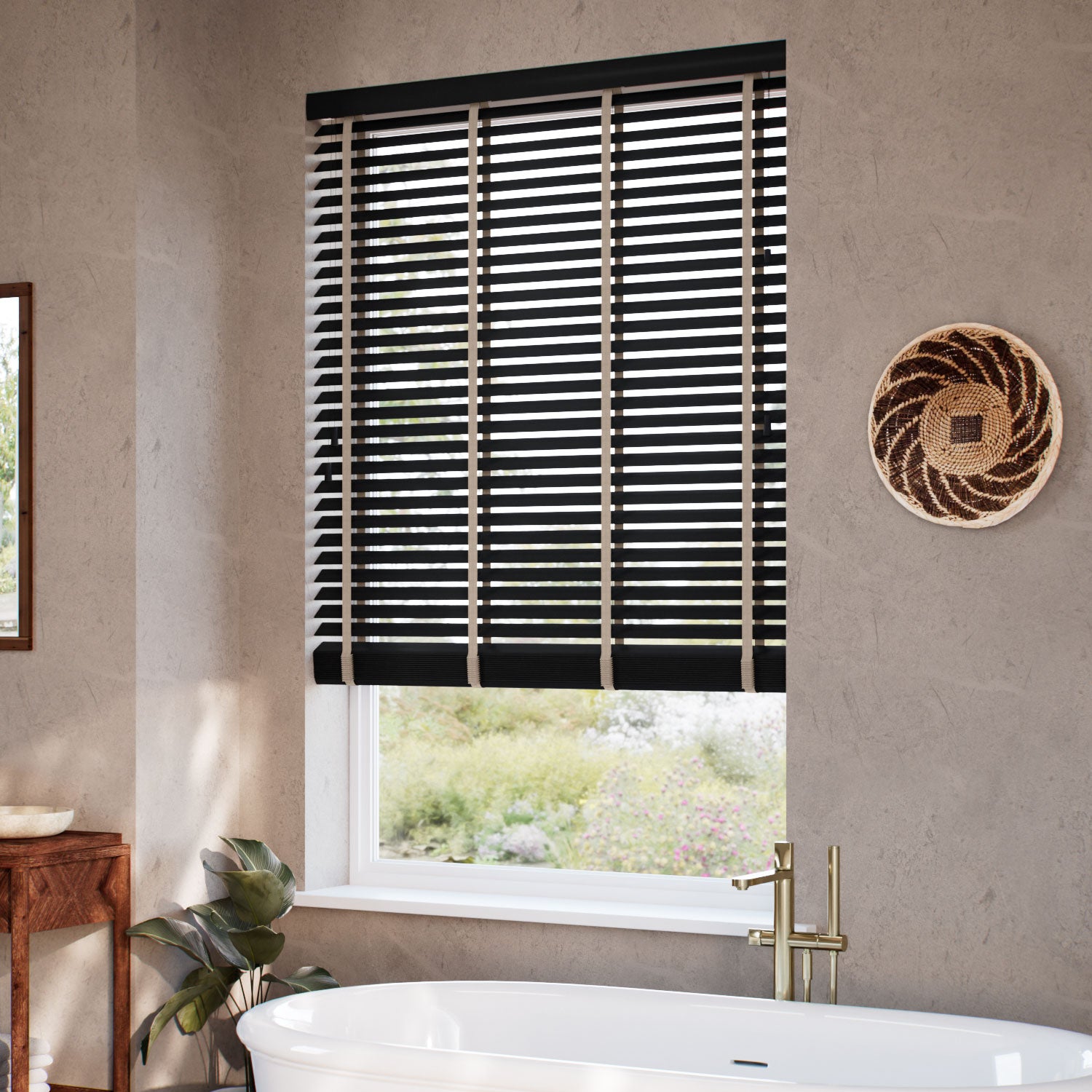 ColorizedZoom Dark Storm & Chevron Basalt Wooden Blind - 50mm Slat 3392