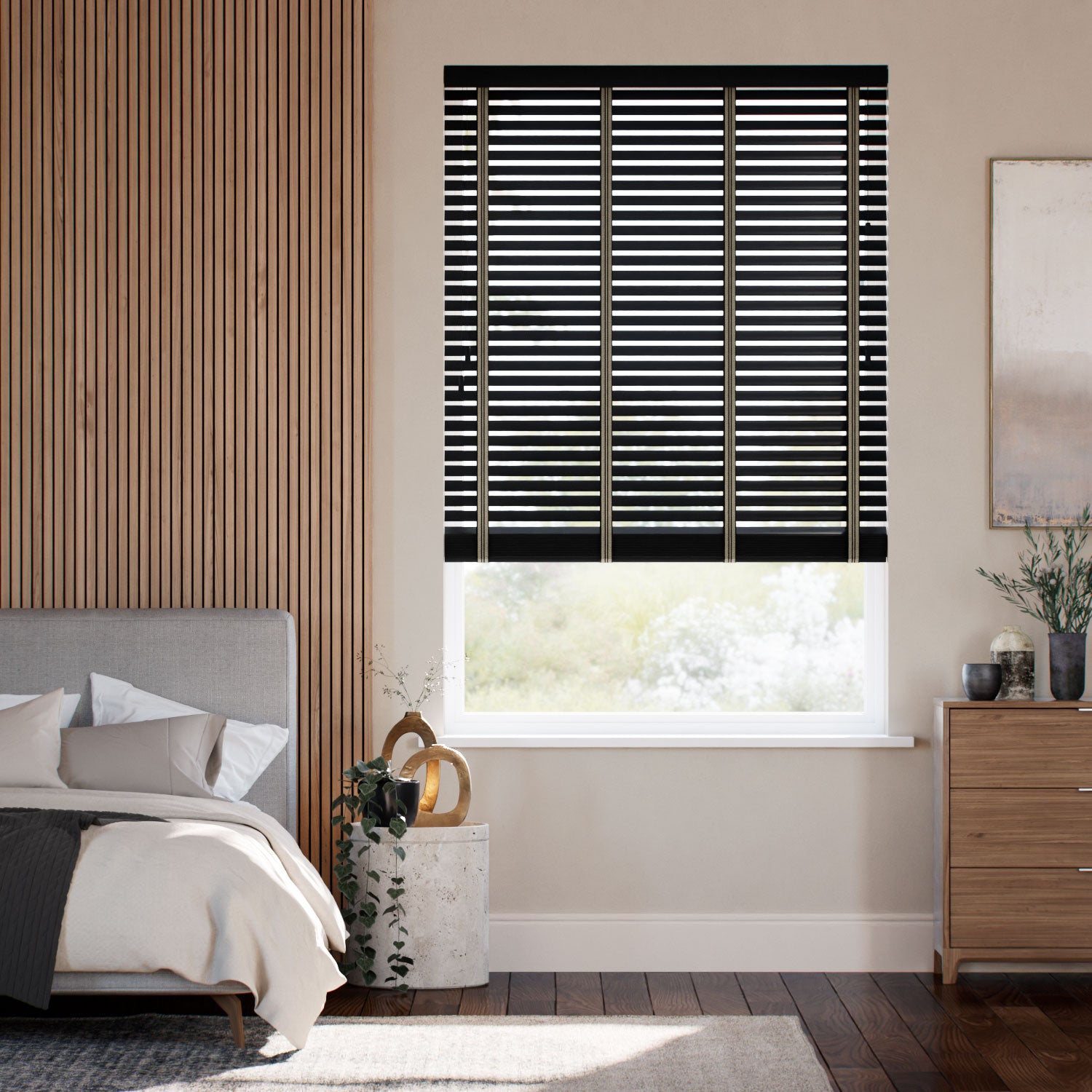 Colorized Dark Storm & Tapestry Sand Wooden Blind - 50mm Slat 3394
