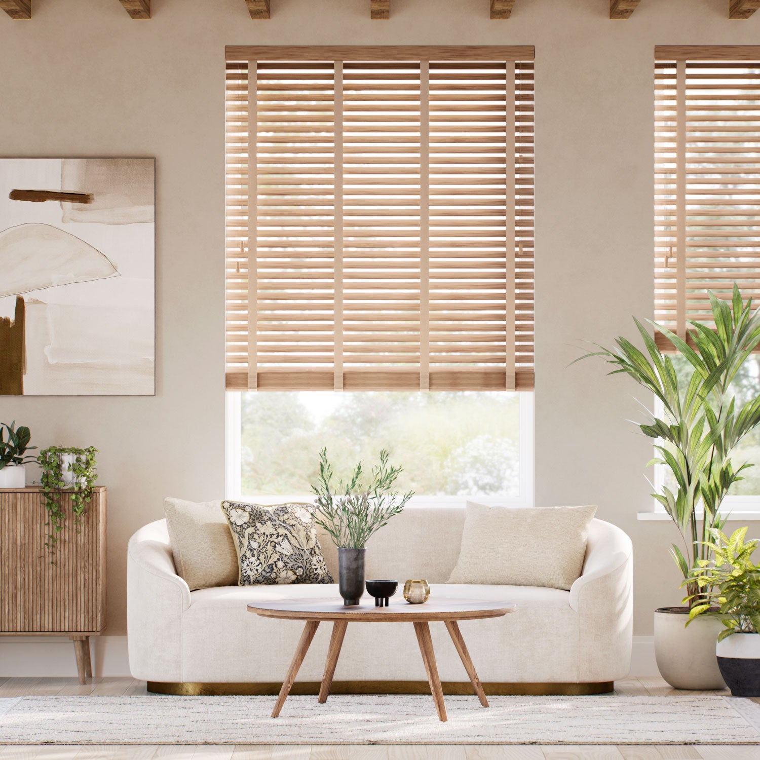 Colorized Chestnut & Chevron Tan Faux Wood Blind - 50mm Slat 3397