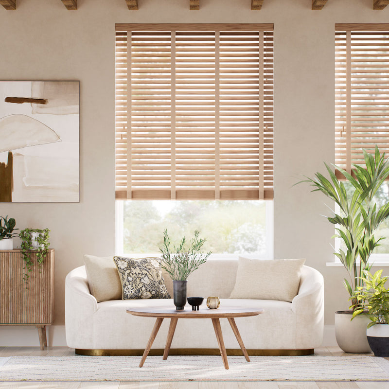 Colorized Chestnut & Chevron Tan Faux Wood Blind - 50mm Slat 3397