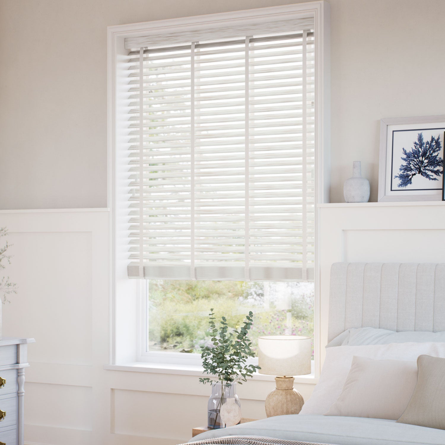 ColorizedZoom Birch Bark & Chevron Cream Faux Wood Blind - 50mm Slat 3400