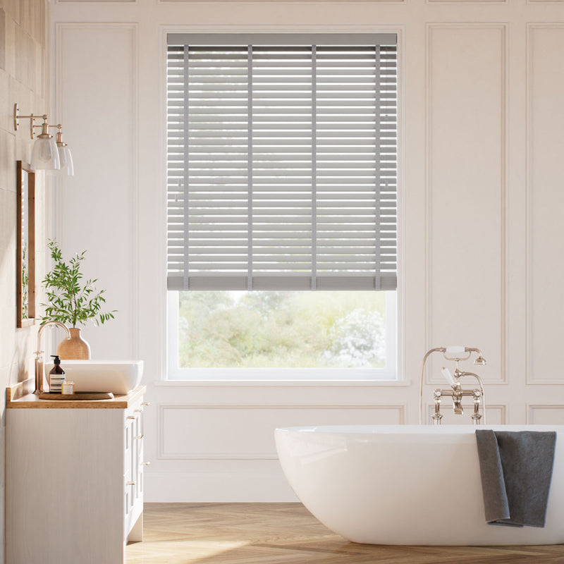 Colorized Harbour Grey & Chevron Silver Faux Wood Blind - 50mm Slat