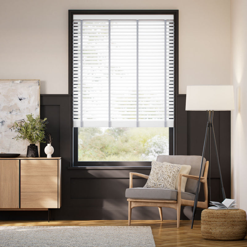 Colorized Ice White & Chevron Silver Faux Wood Blind - 50mm Slat