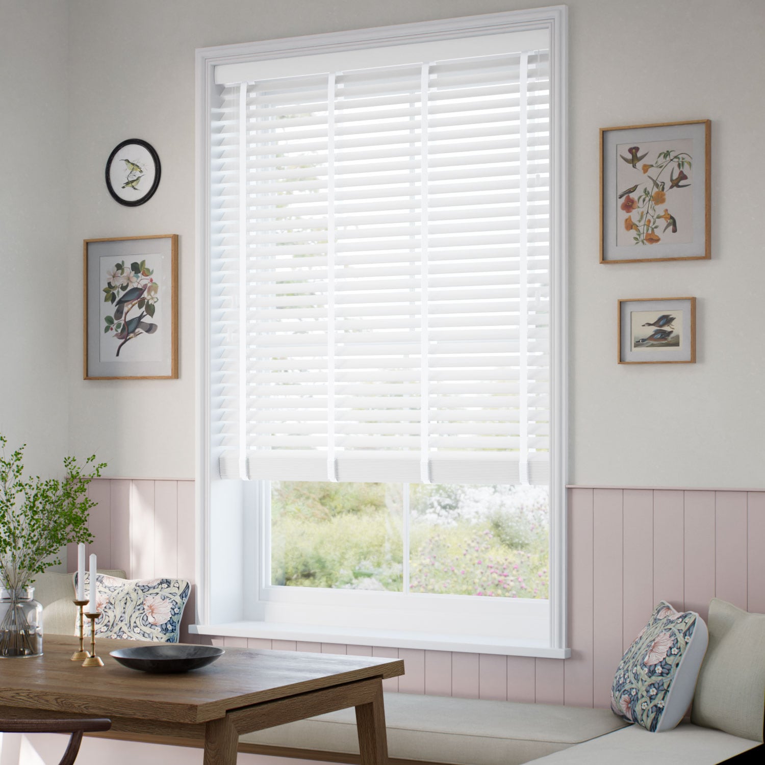 ColorizedZoom Dove White & Snow Faux Wood Blind - 50mm Slat 3407