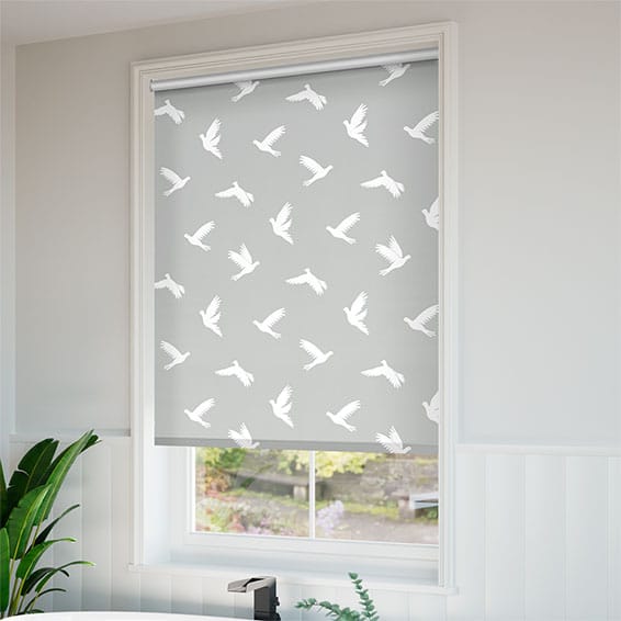 ColorizedZoom Splash Blackout Paper Doves Silver Roller Blind