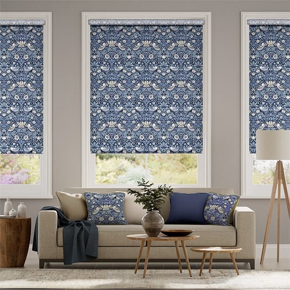 Colorized William Morris Strawberry Thief Indigo Blue Roller Blind 3818