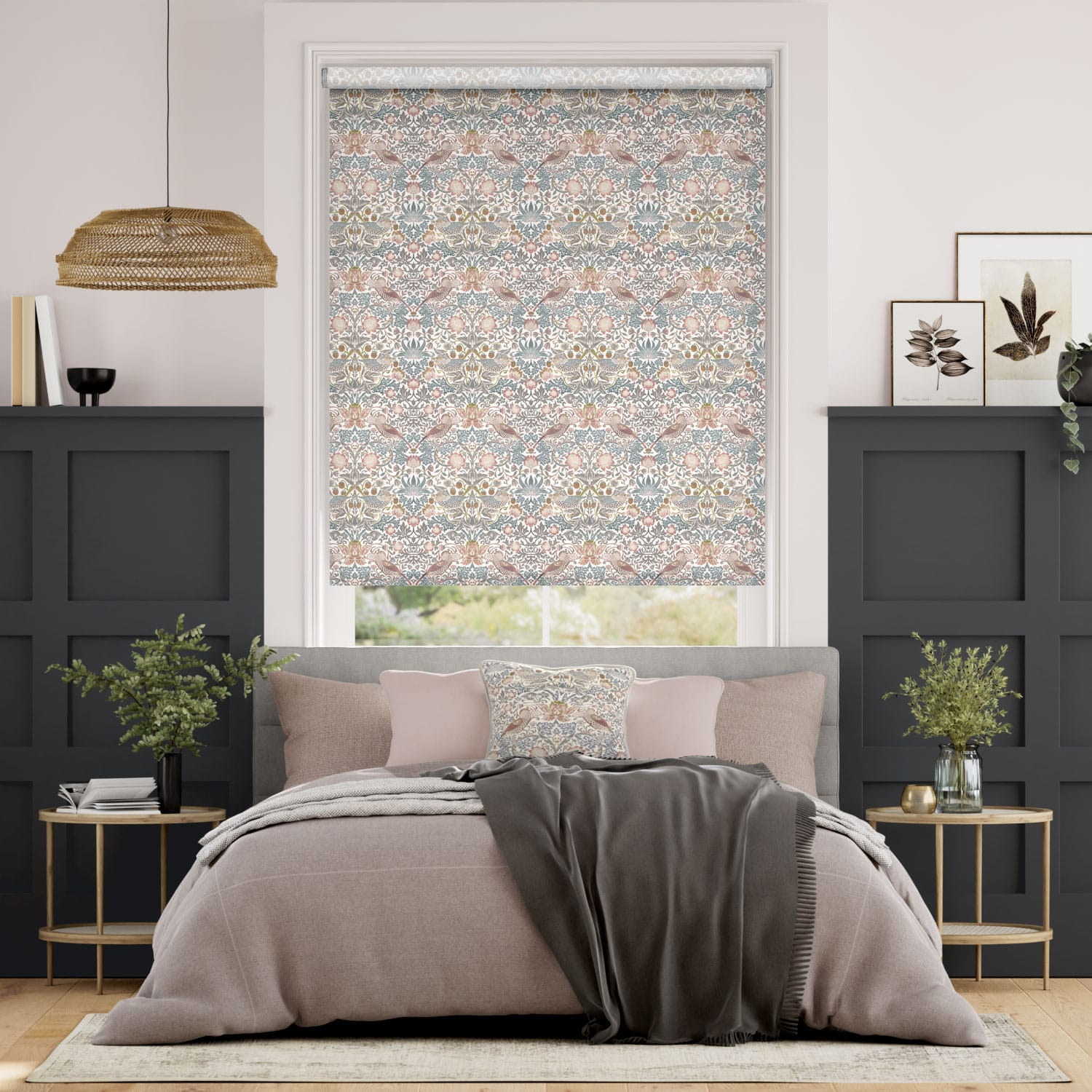 Colorized William Morris Strawberry Thief Rose Chalk Roller Blind 3820