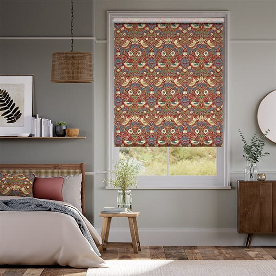 Colorized Electric William Morris Strawberry Thief Harissa Red Roller Blind 4060