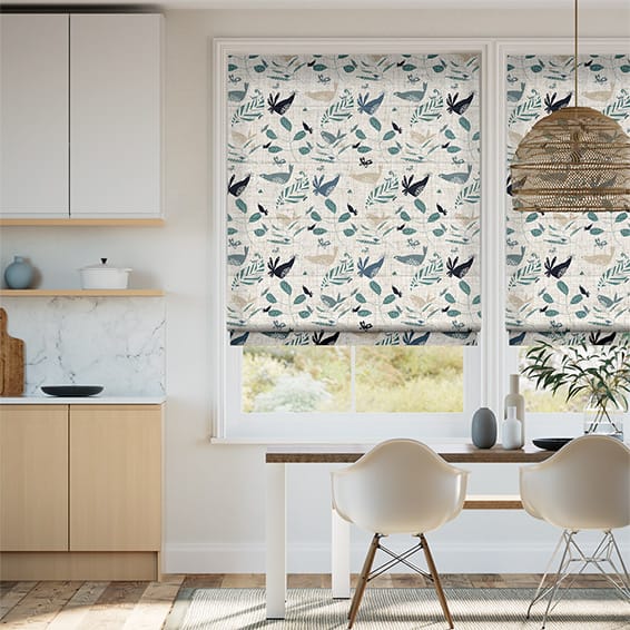 Colorized Hygge Birds Vintage Linen Pastoral Blue Roman Blind 6636
