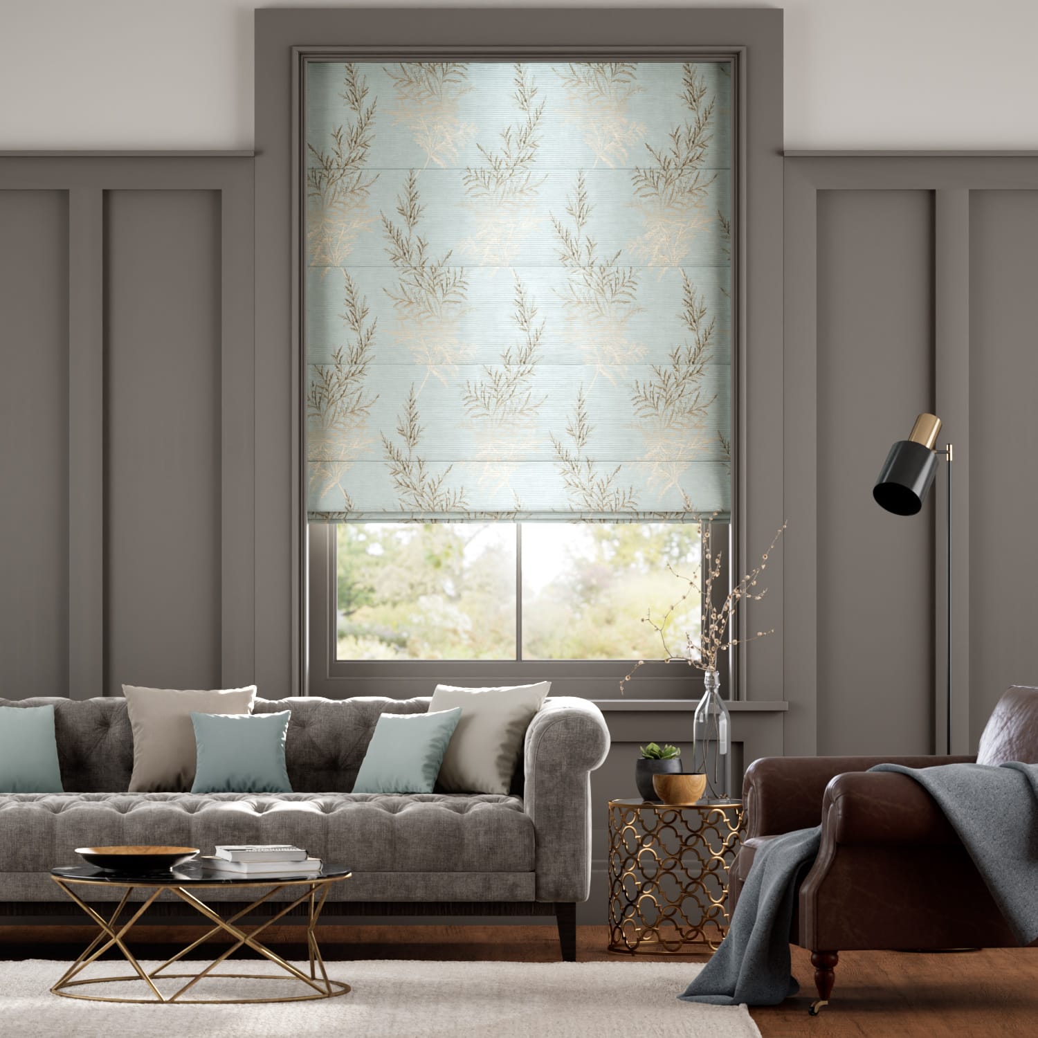 Colorized Moonlit Fern Faux Silk Pastel Blue Roman Blind