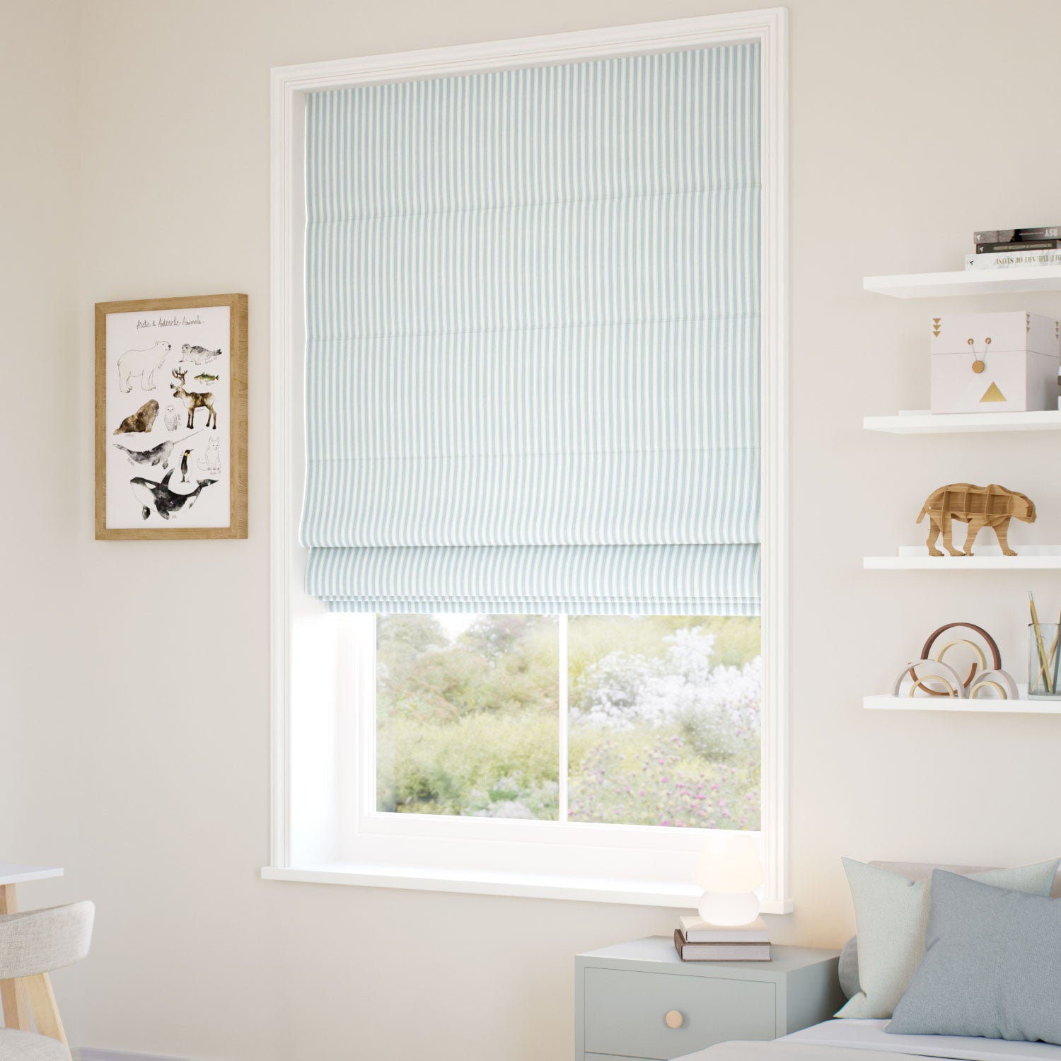 ColorizedZoom Tiger Stripe Blue Eggshell Roman Blind 7020