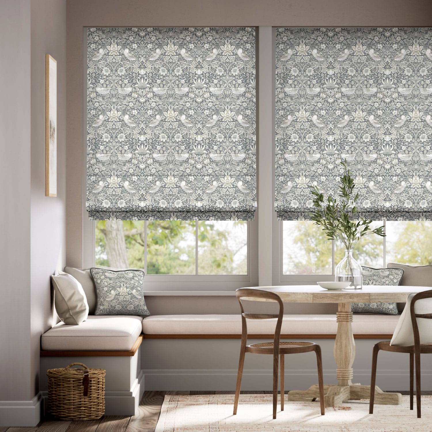 Colorized William Morris Strawberry Thief Manor Grey Roman Blind 7090