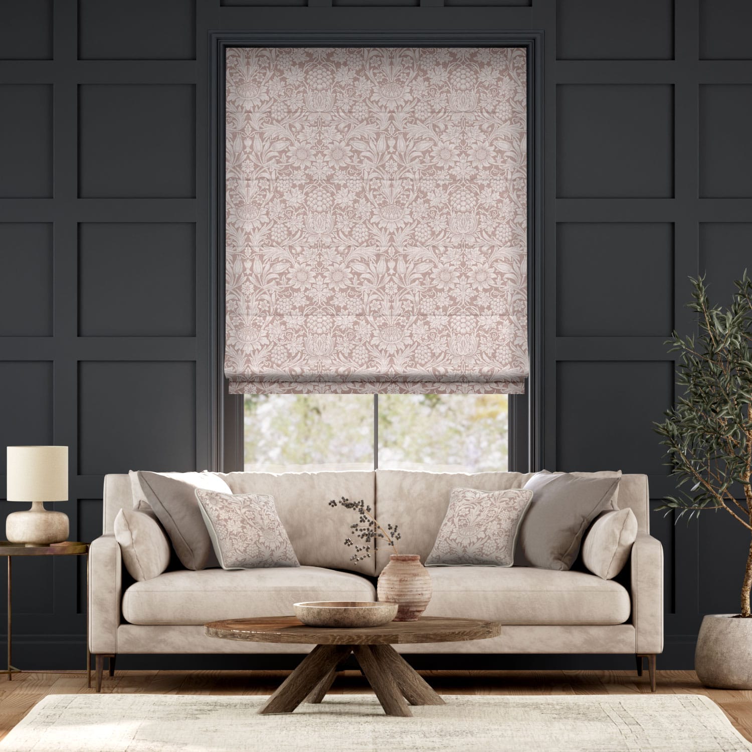 Colorized William Morris Sunflower Dusky Rose Roman Blind 7096