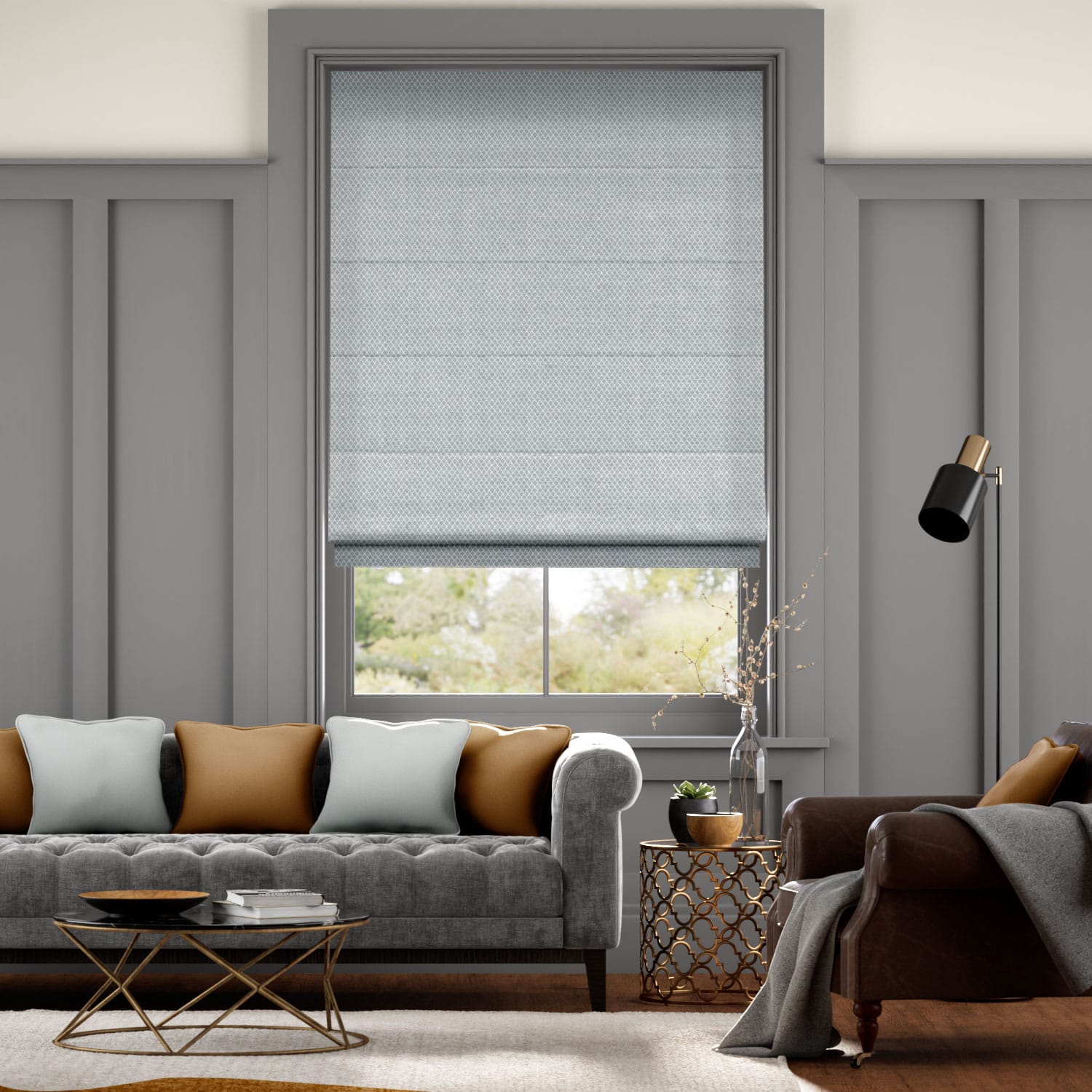 Colorized Filigree Misty Blue Roman Blind