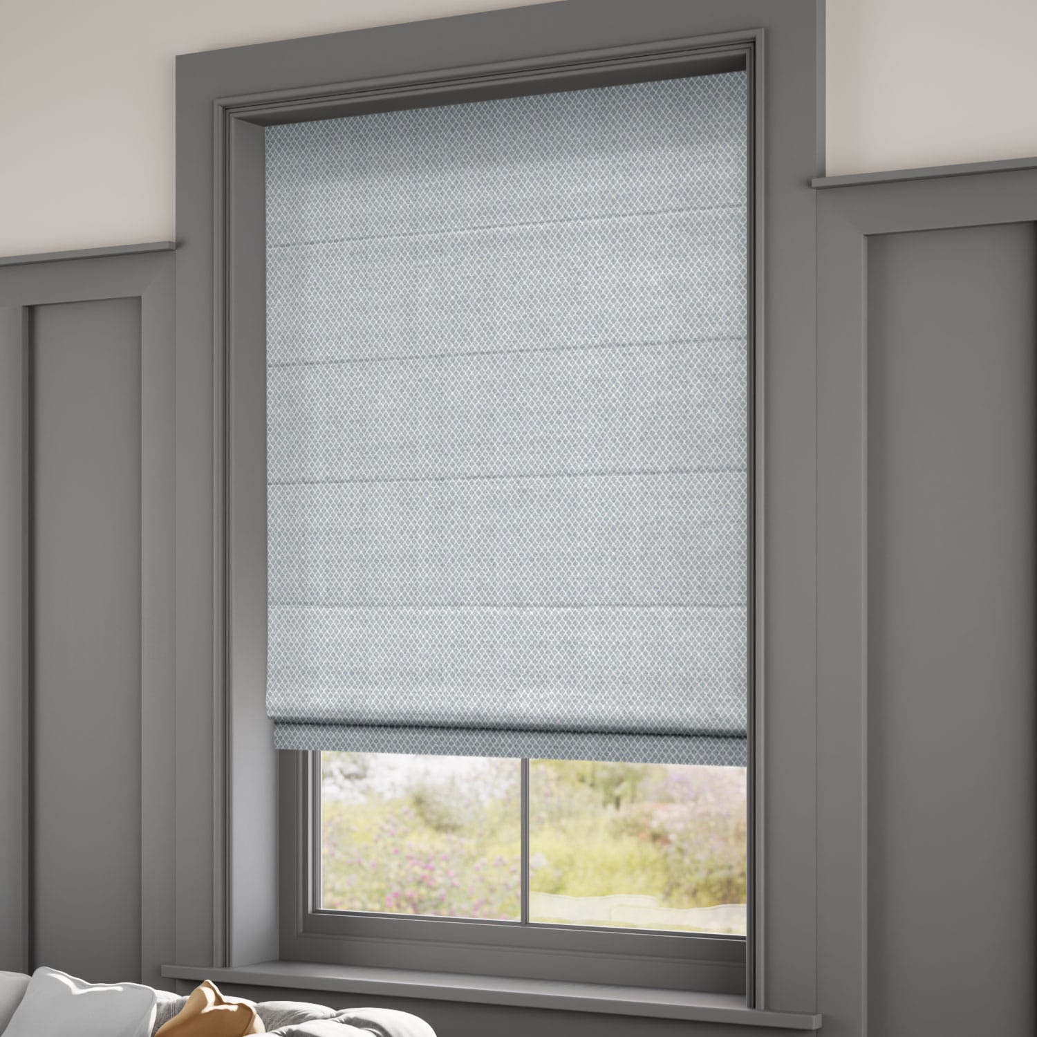 ColorizedZoom Filigree Misty Blue Roman Blind