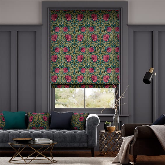 Colorized William Morris Pimpernel Teal Roman Blind 8945