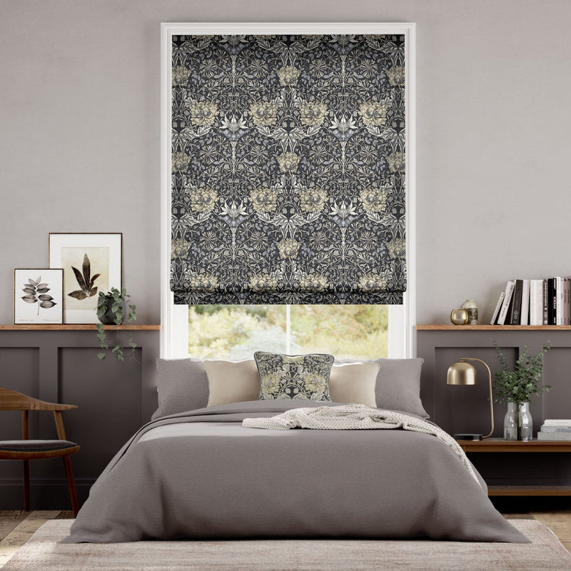 Colorized William Morris Honeysuckle and Tulip Velvet Gunmetal Roman Blind 7174