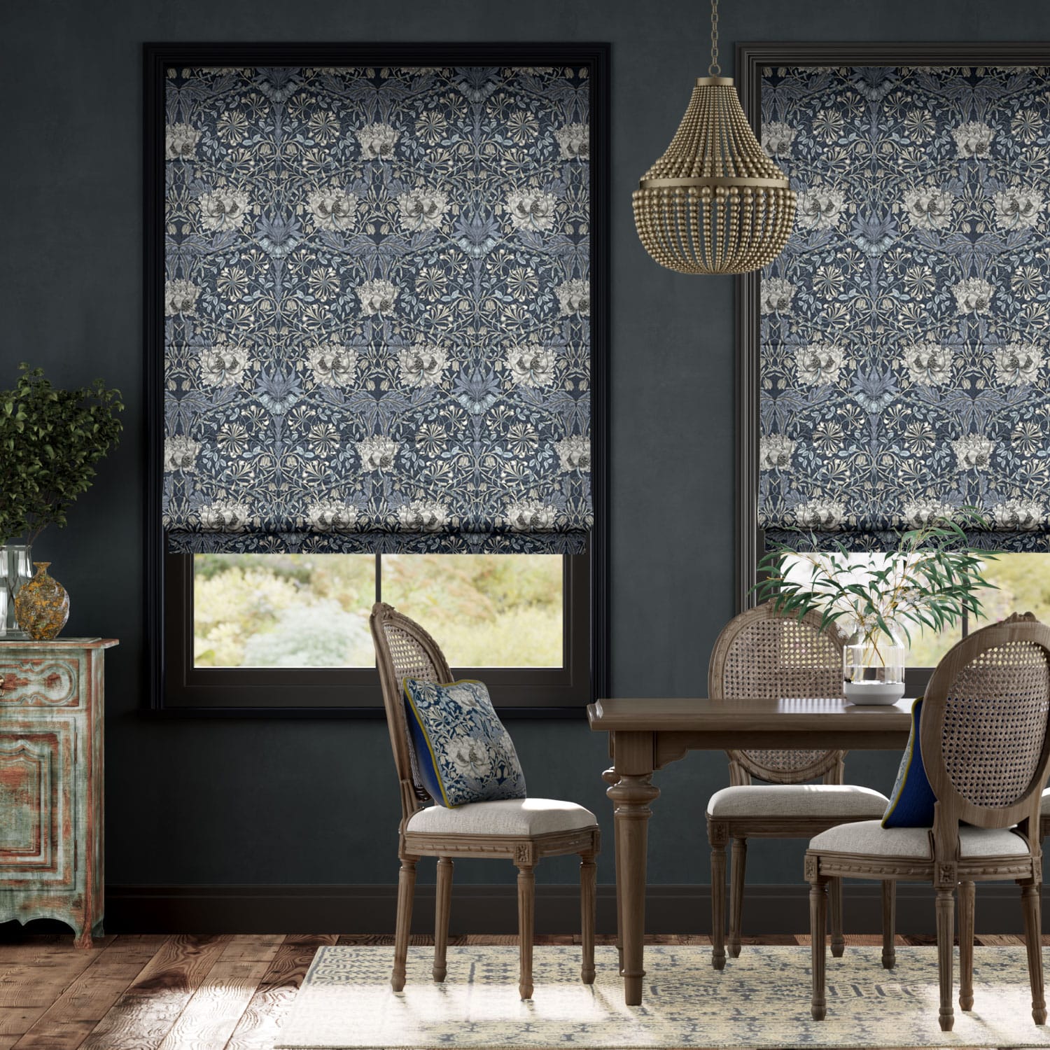 Colorized William Morris Honeysuckle and Tulip Velvet Grey Blue Roman Blind  8943