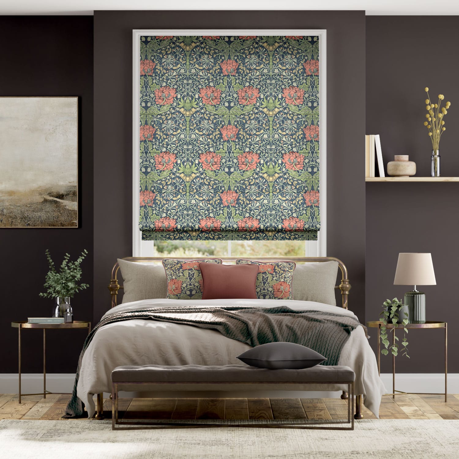 Colorized William Morris Honeysuckel and Tulip Velvet Vermillion Roman Blind 8942
