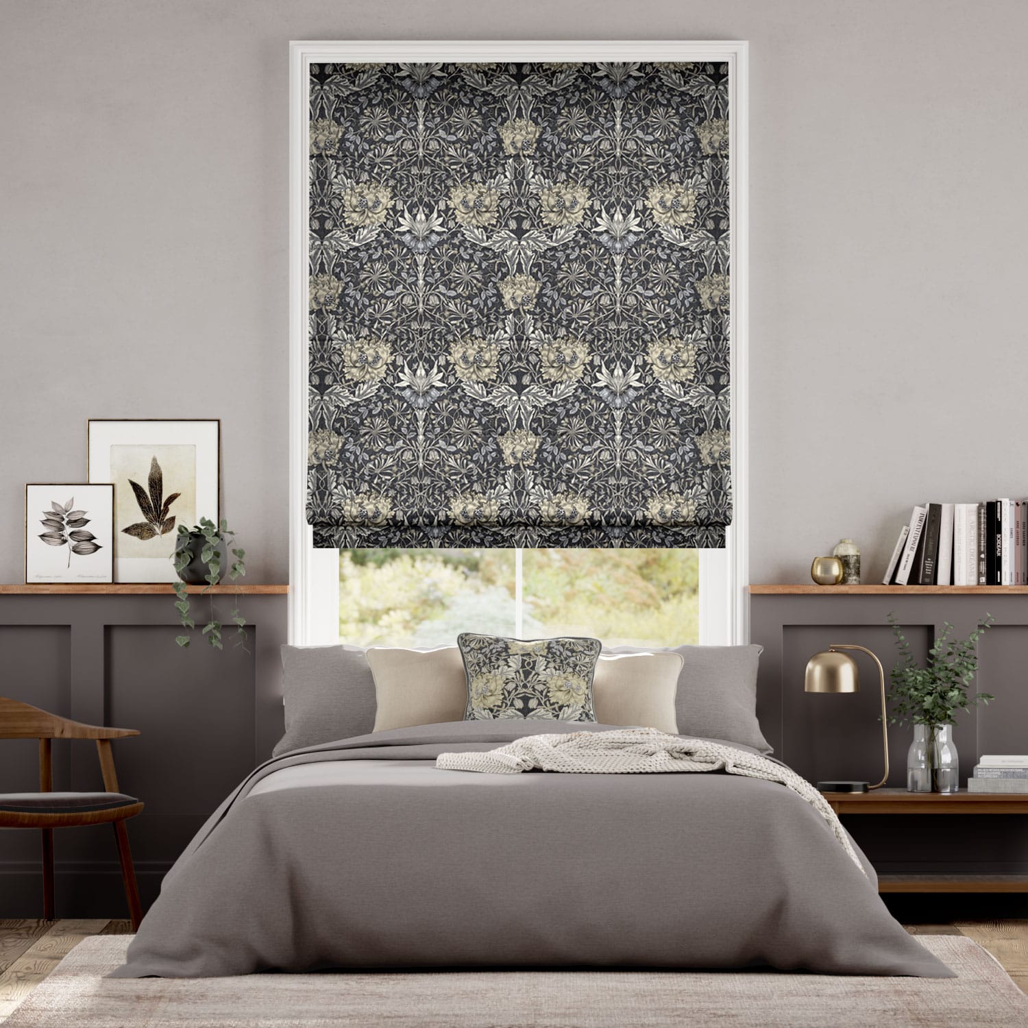 Colorized William Morris Honeysuckle and Tulip Velvet Gunmetal Roman Blind 7174