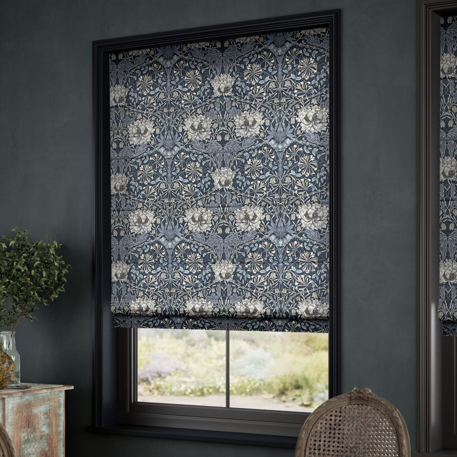 ColorizedZoom William Morris Honeysuckle and Tulip Velvet Grey Blue Roman Blind  8943