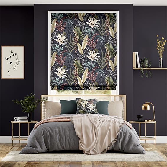 Colorized Electric Inky Botanical Charcoal Roman Blind 7342