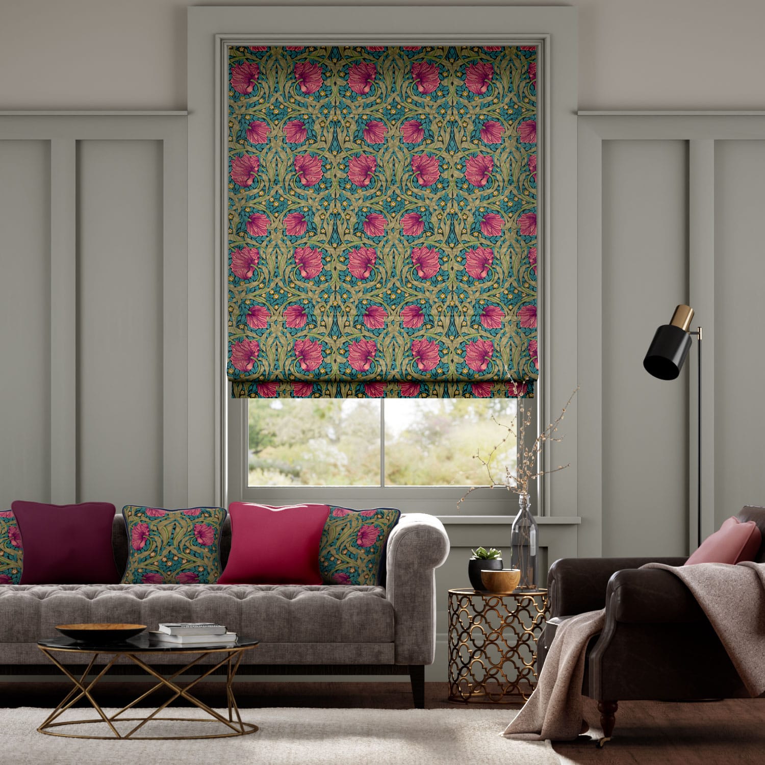 Colorized Electric William Morris Pimpernel Teal  Roman Blind 7361
