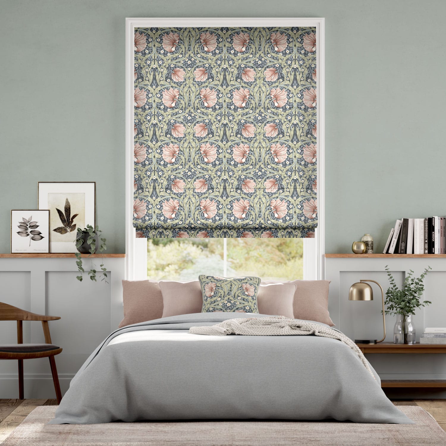 Colorized Electric William Morris Pimpernel Blush Roman Blind 7359