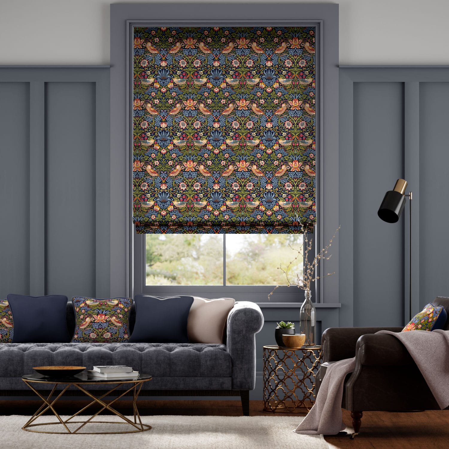 Colorized Electric William Morris Strawberry Thief Jewel Roman Blind 7362