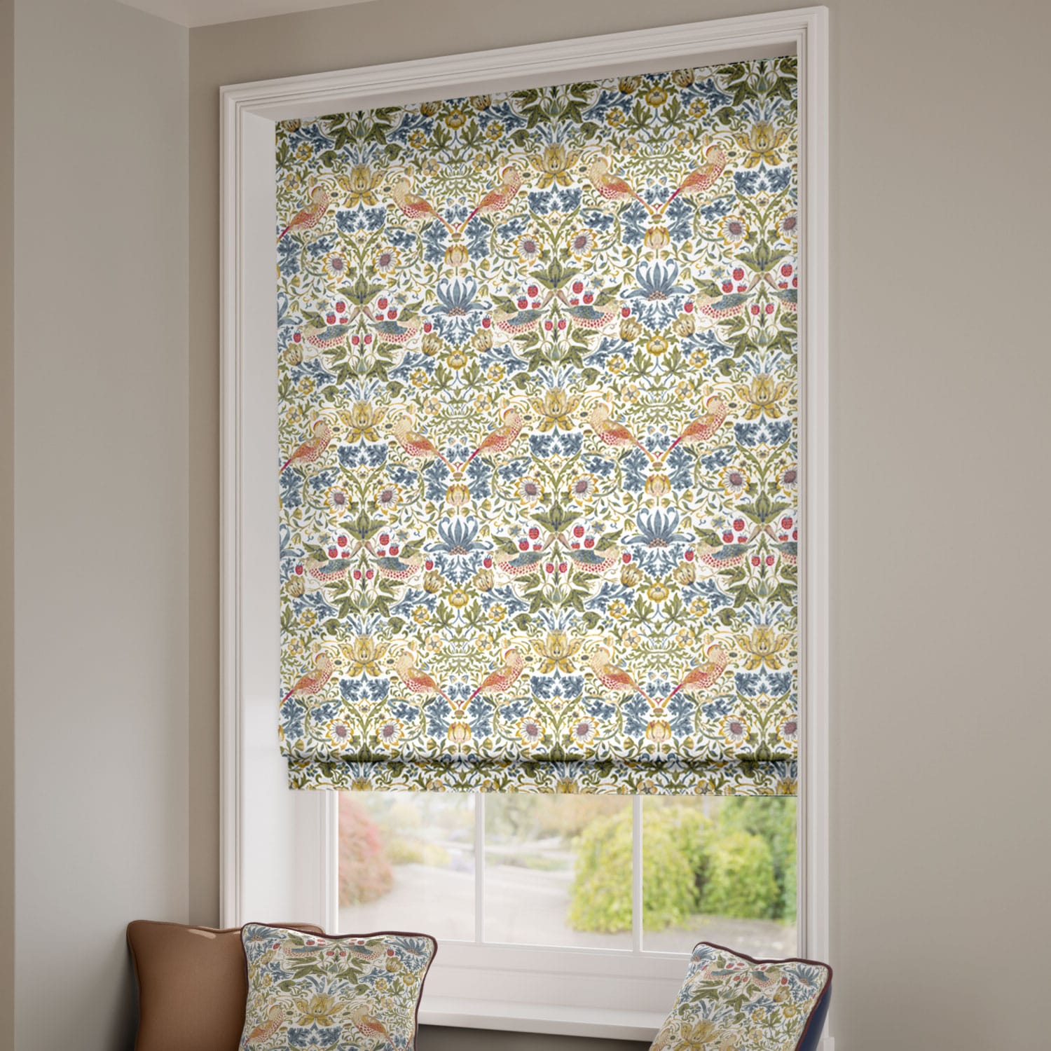 ColorizedZoom Electric William Morris Strawberry Thief Natural Roman Blind 7363