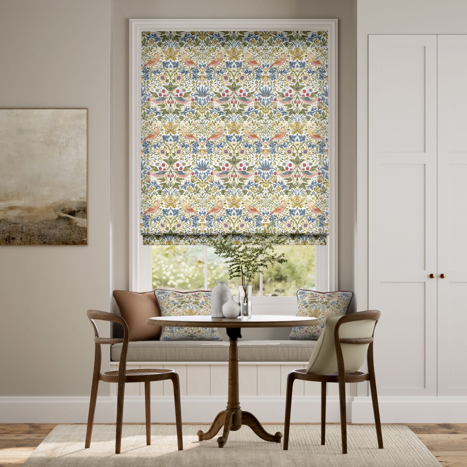 Colorized Electric William Morris Strawberry Thief Natural Roman Blind 7363