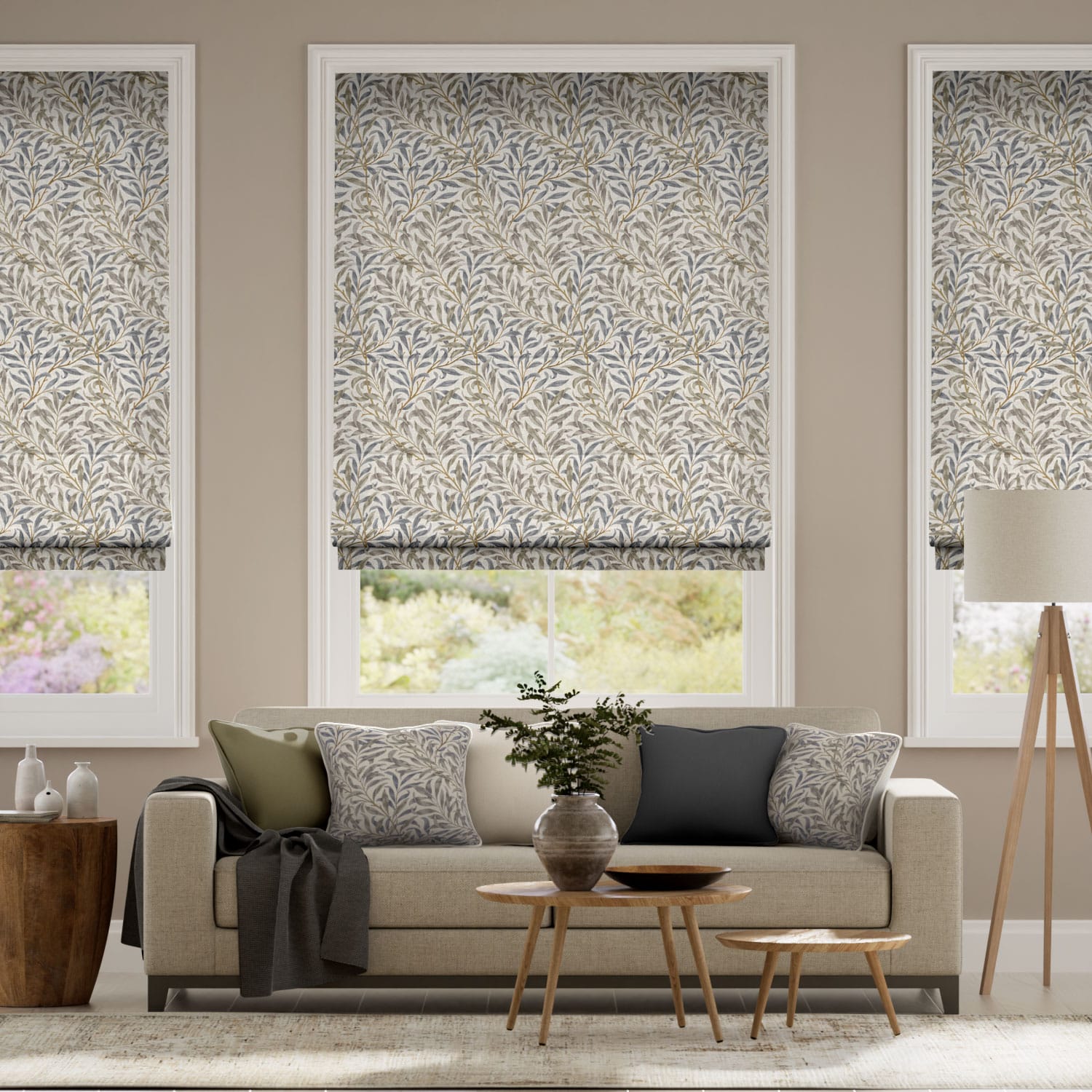 Colorized Electric William Morris Willow Bough Mink Roman Blind 7366