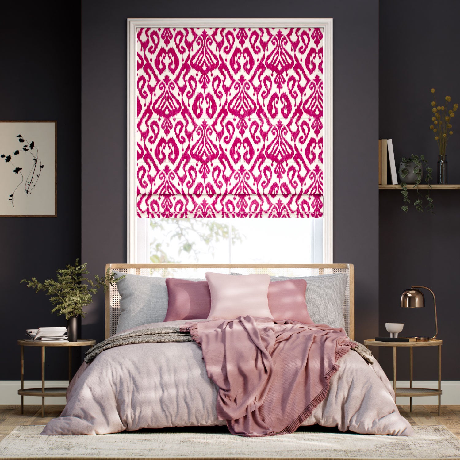 Colorized Ikat Damask Cherry Roman Blind 7379