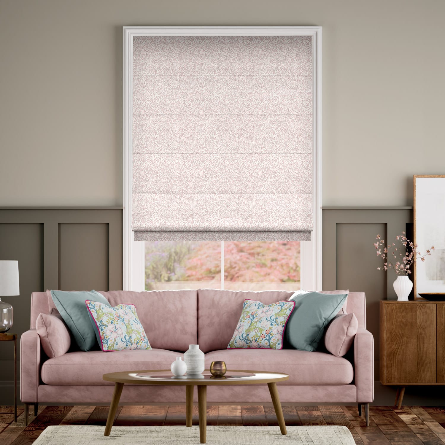 Colorized William Morris Willow Blush  Roman Blind 7479
