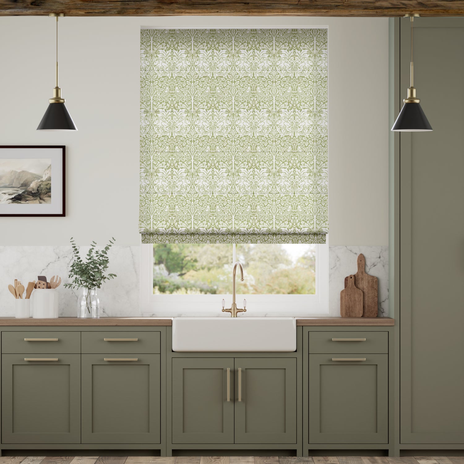 Colorized William Morris Brother Rabbit Aloe Roman Blind 7493