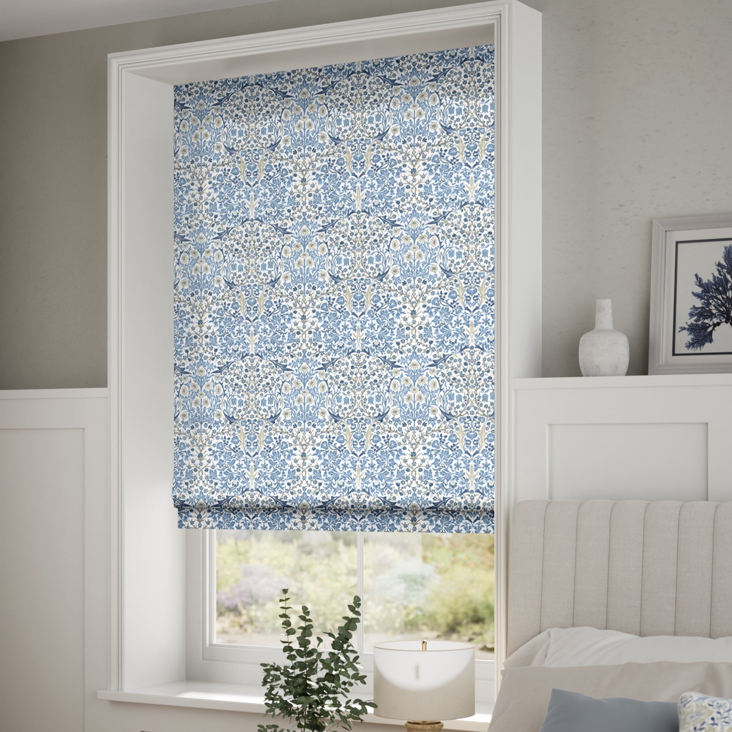 ColorizedZoom William Morris Blackthorn China Blue Roman Blind 7502