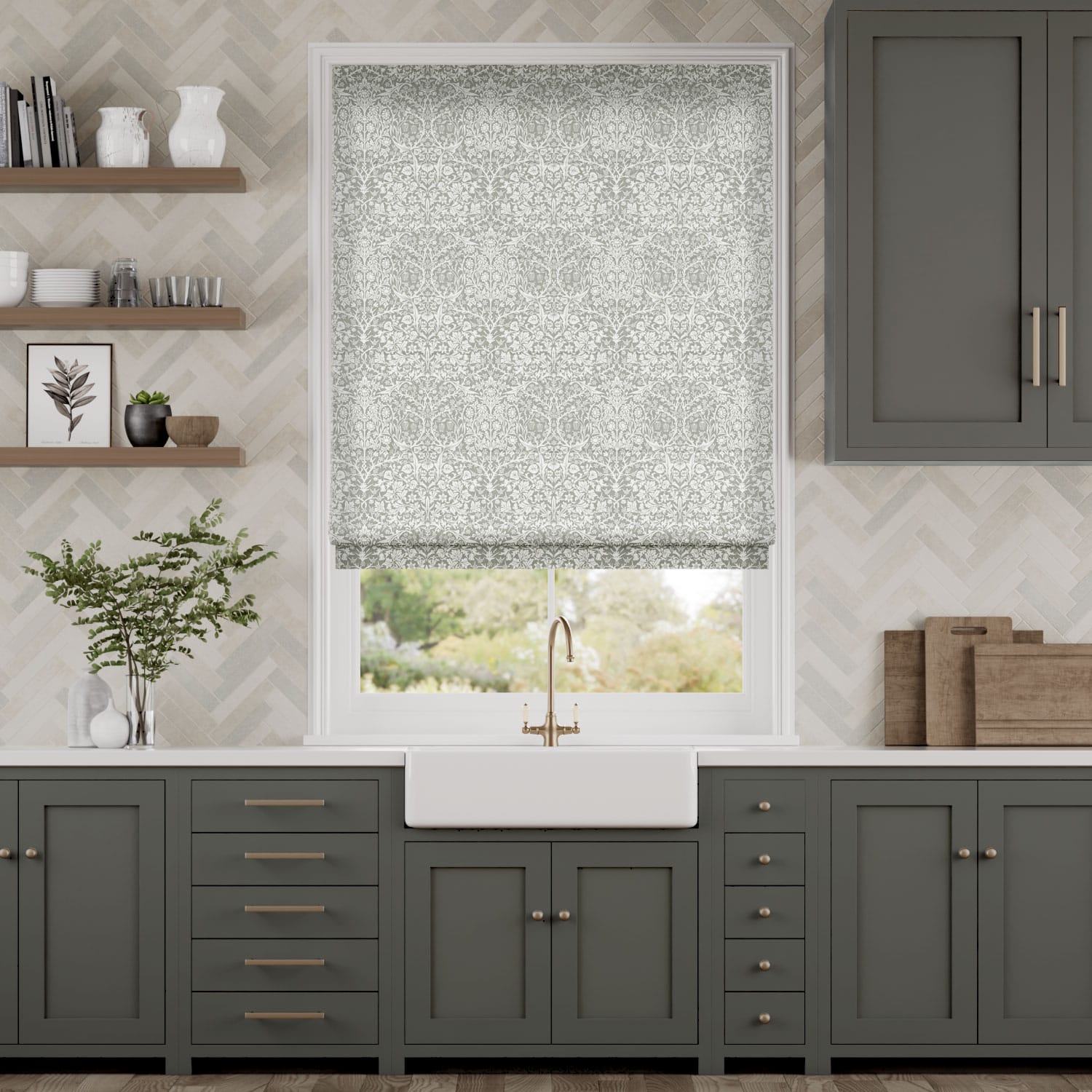 Colorized William Morris Blackthorn Stone  Roman Blind 7506