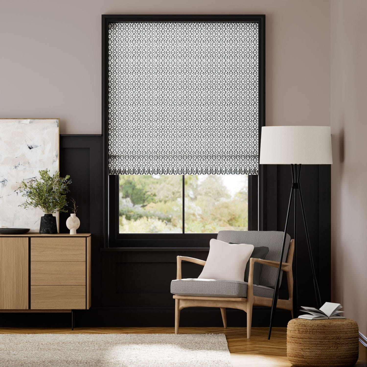 Colorized Maze Jacquard Charcoal Roman Blind 7574