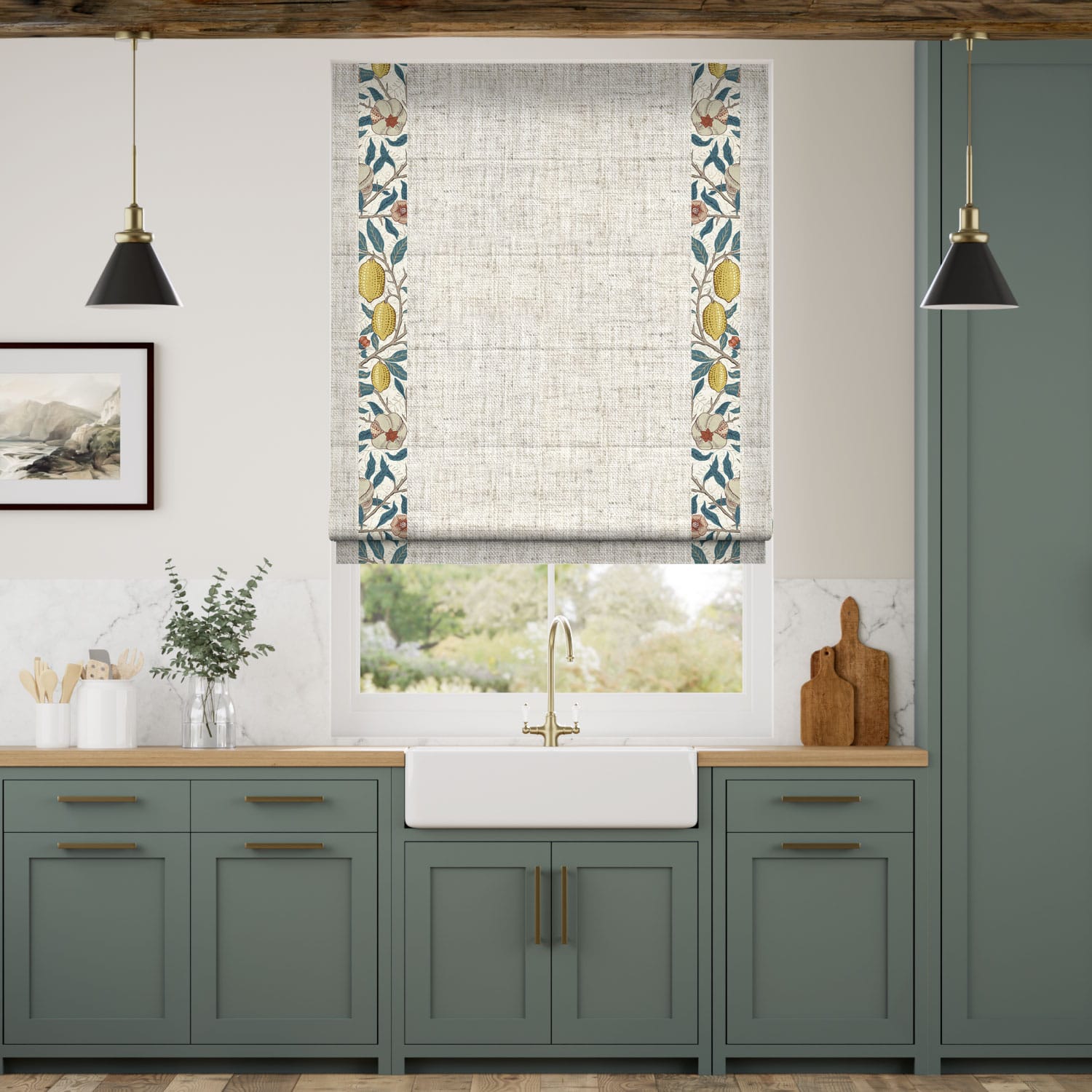 Colorized William Morris Fruit Citrus & Bijou Linen Oatmeal Roman Blind 7638